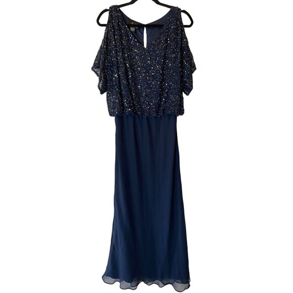 Jkara Formal Maxi Dress Navy Blue Heavily Sequined Chiffon Gown Size 10 - Picture 1 of 9